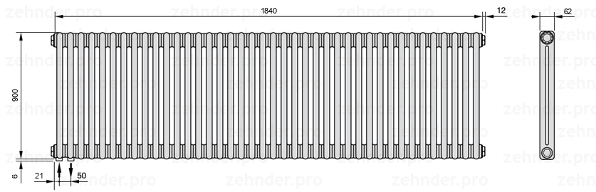 Схема (чертеж) Радиатор Zehnder Charleston 2090/40 №3370 Белый глянцевый RAL 9016